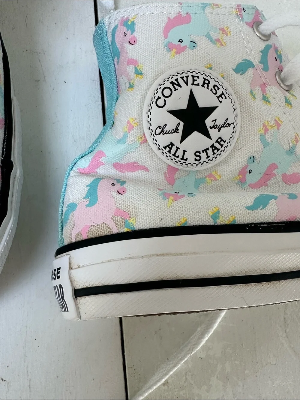 Converse Kids High-Top Sneakers in White with Pink & Teal Unicorns